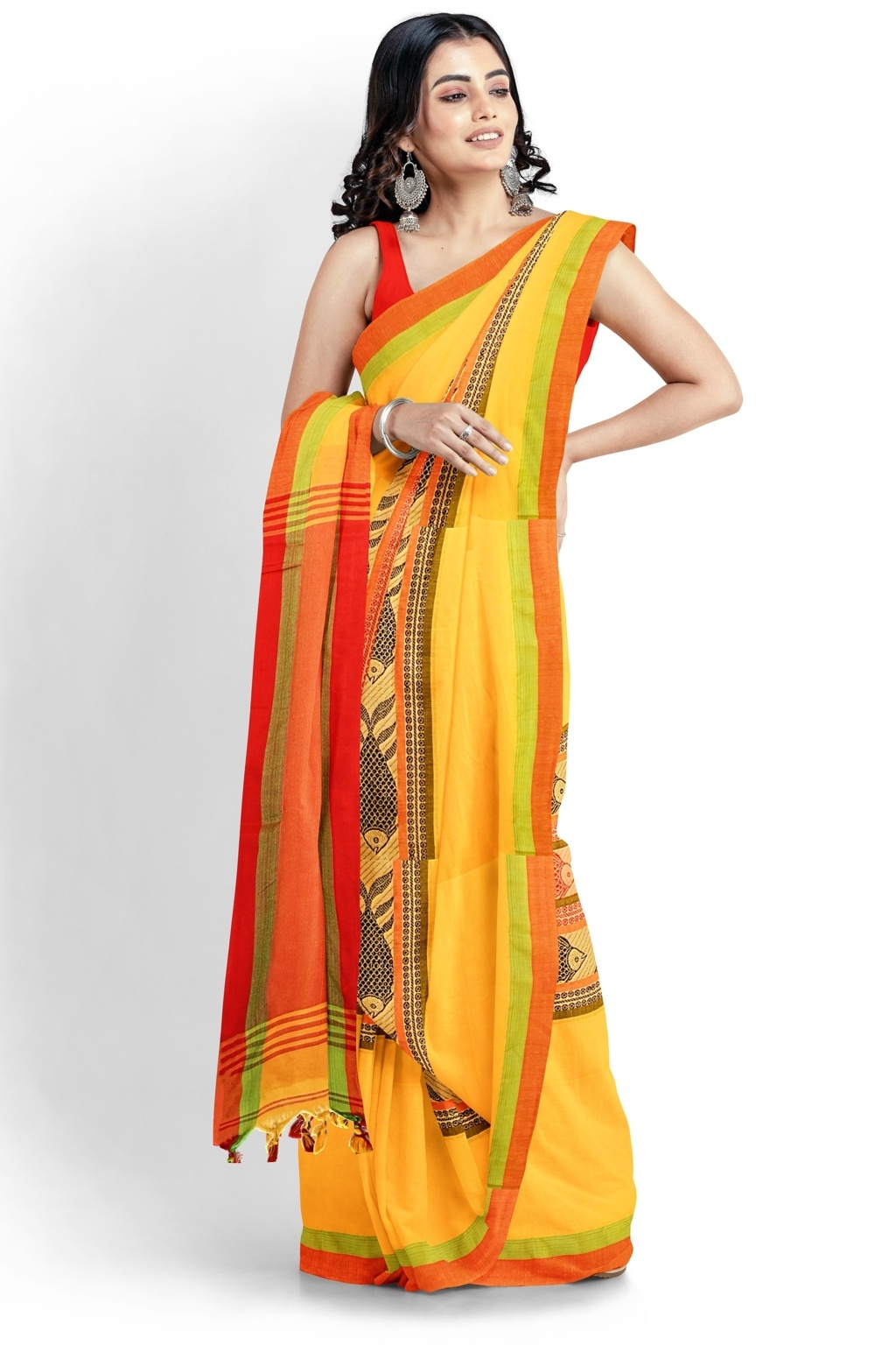 Yellow Red Pure Cotton Marine Hand Loom Saree (1279)